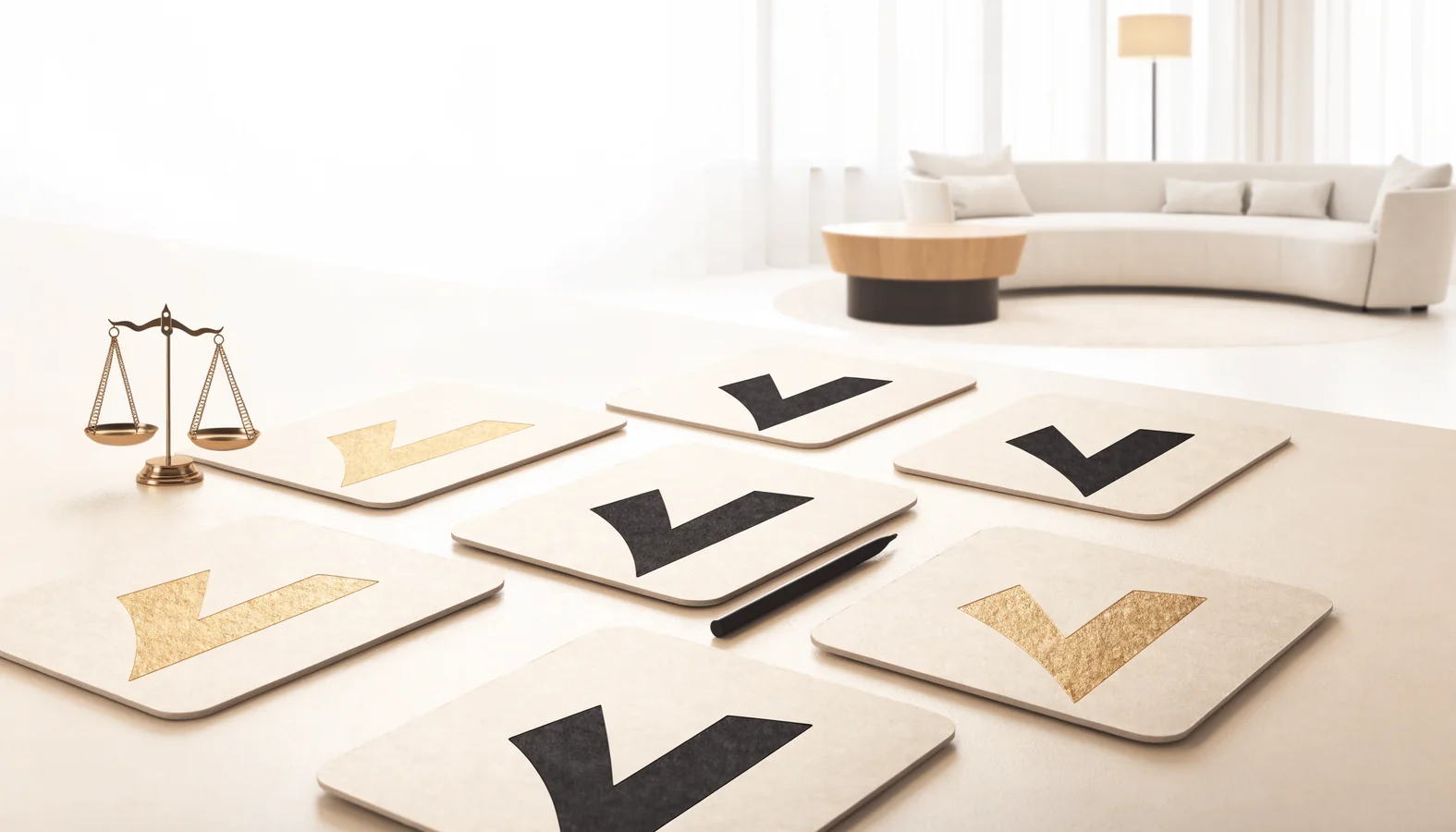 Blank clinic evaluation cards with check marks and a balance scale in a bright consultation lounge.