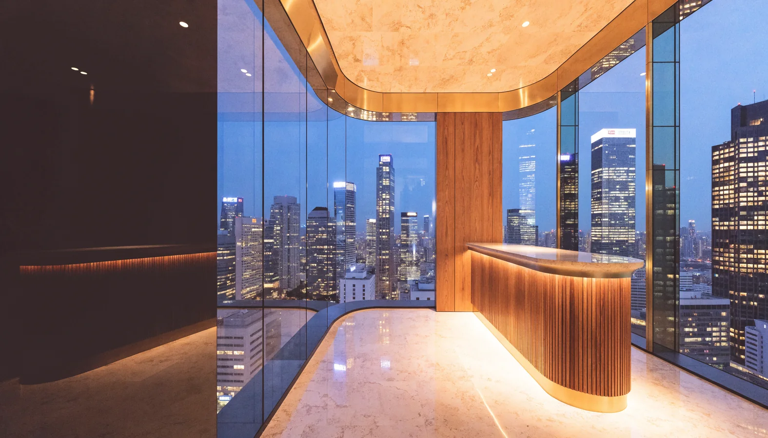 Modern Gangnam consultation lounge with warm wood reception desk and Seoul skyline at blue hour.